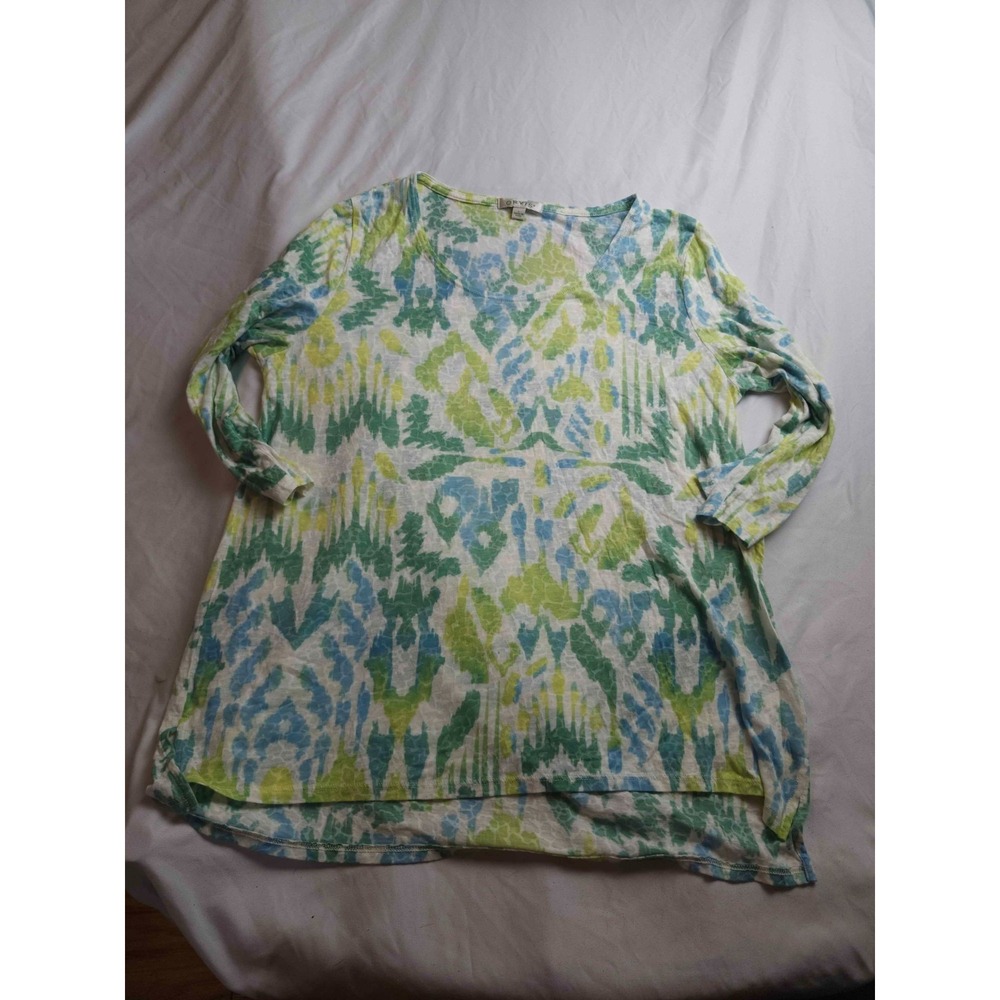 Orvis Shirt Top Womens L Green Aztec Southwestern Scoop Neck Tunic Short Sleeve